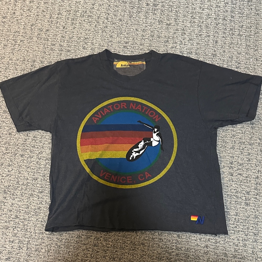 Aviator Nation Black Short Sleeve Tee with Rainbow Design